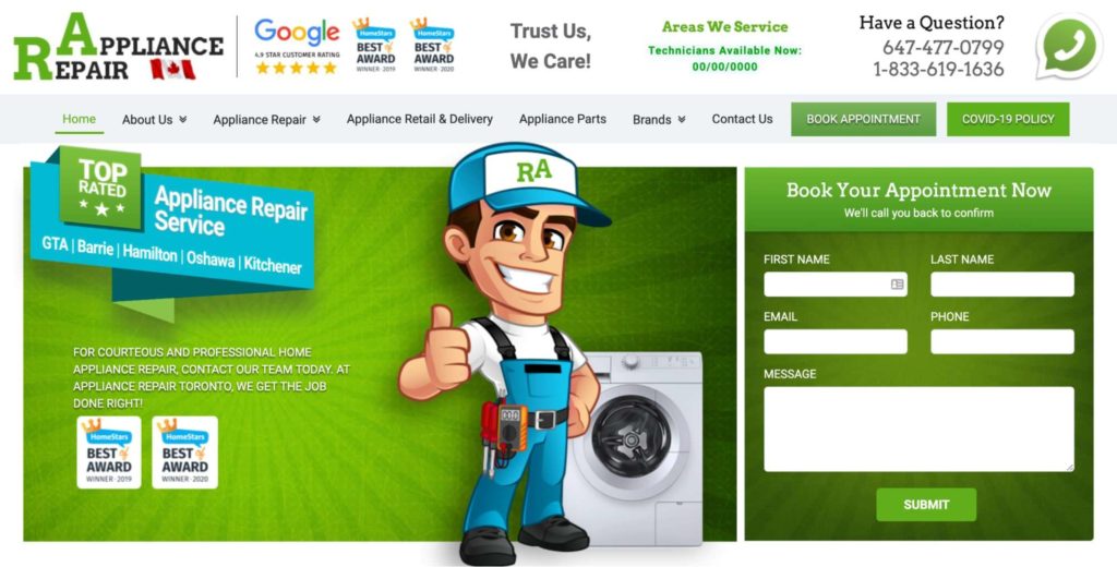 RA Appliance Repair's Homepage