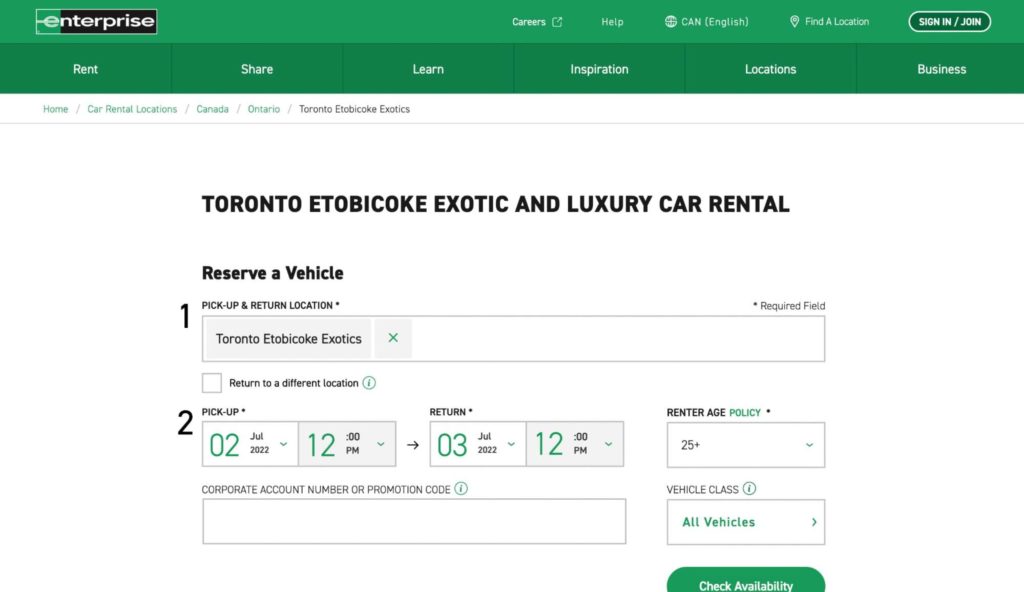 Enterprise Rent-A-Car Canada Homepage