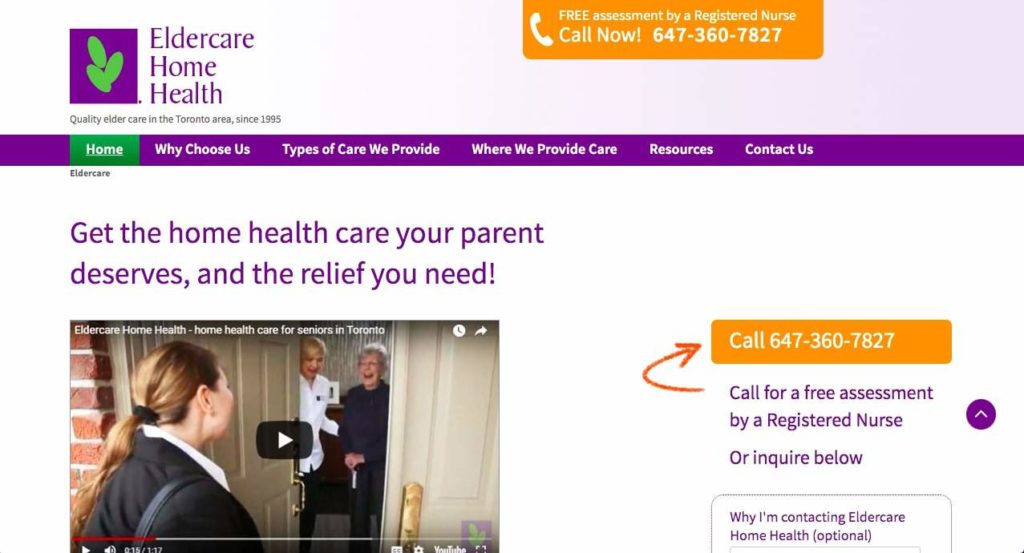 Eldercare Home Health homepage