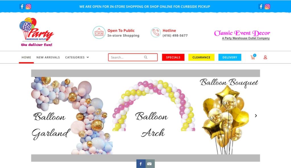 Party Warehouse Outlet Homepage