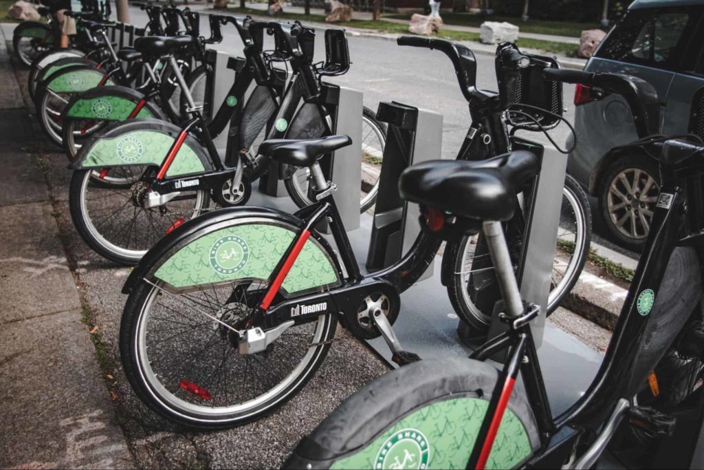 Toronto has a bike-sharing programme and a convenient system of bike lanes
