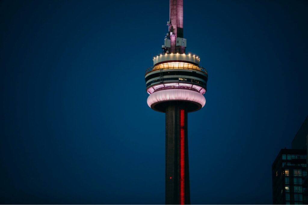 Check out the colourful lights of the CN Tower