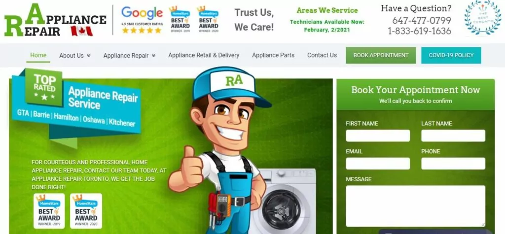 RA Appliance Repair's Homepage